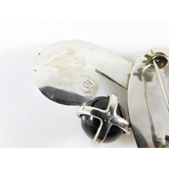Fetching Modernist Swirling Silver & Onyx Brooch Pendant Taxco TC Conjoined Old - Picture 7 of 8